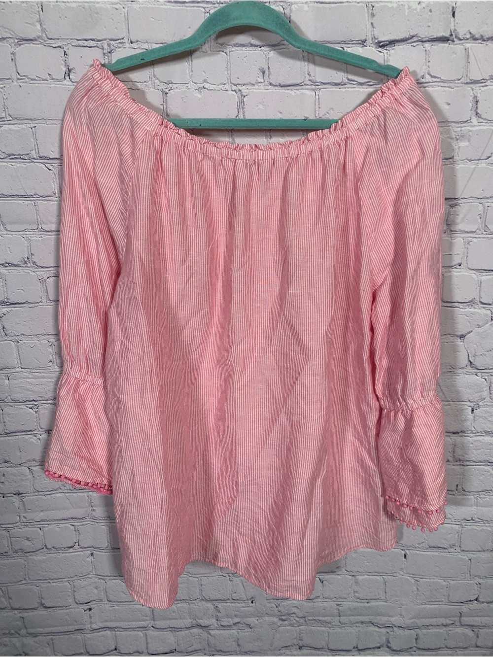 Talbots Womens Linen Blend Off the Shoulder Striped Top Pink Sz XL Preppy Casual - Picture 4 of 6
